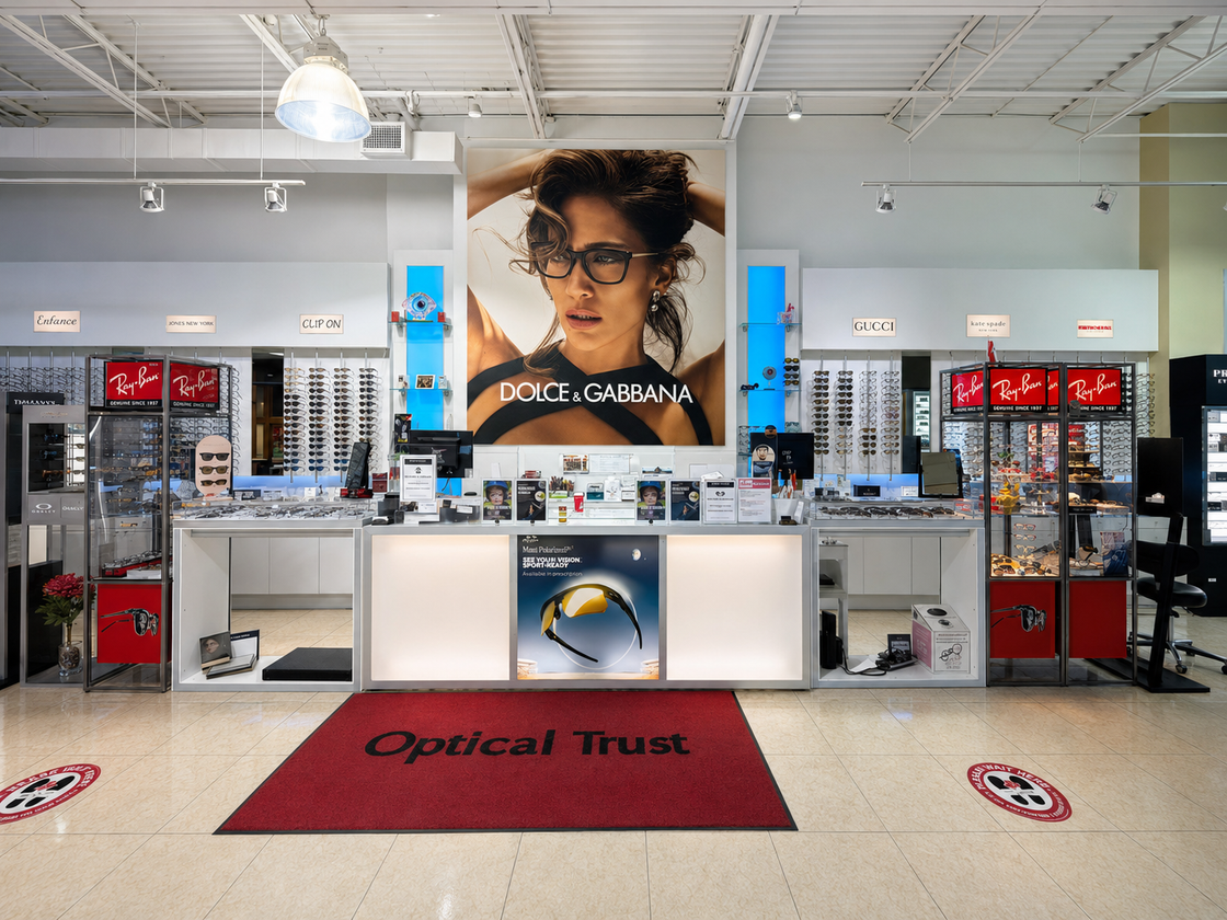 Optical Trust store interior with designer eyewear displays